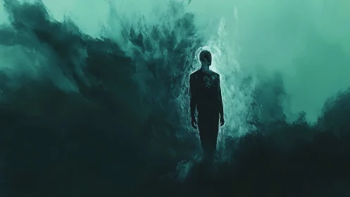 Luminous silhouette emerging from teal swirling voidscape.