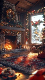High-fidelity rustic cabin fireplace with festive bokeh lighting.