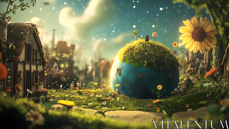 Miniature globe garden amid stylized village landscape.