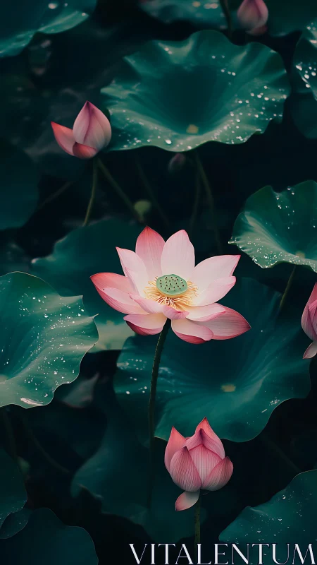 Pink lotus flowers blooming in teal water with green lily pads