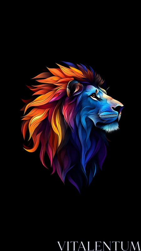Chromatic lion gazes skyward while its neon mane blazes bright
