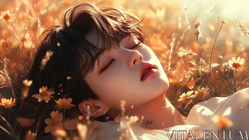 Youthful figure resting in warm golden flower field.