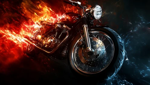 Blazing custom motorcycle roaring through fiery night streets.