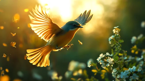 Small songbird hovers near white blossoms under backlight