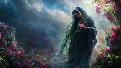 Gentle flower keeper wandering through a dreamlit garden.