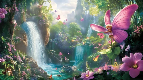 Pink winged fairy over lush waterfall fantasy valley.