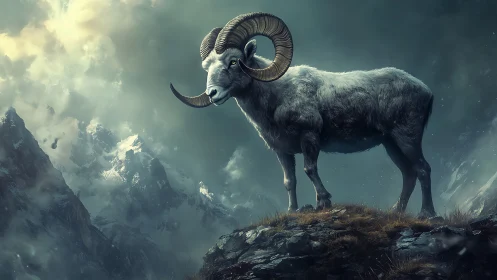 Mountain ram on rocky ridge under overcast sky.