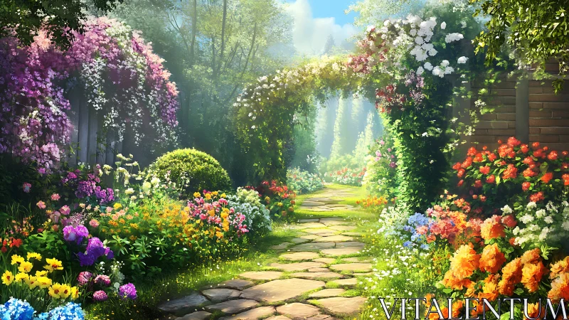 Sunlit stone path winds through lush enchanted flower garden