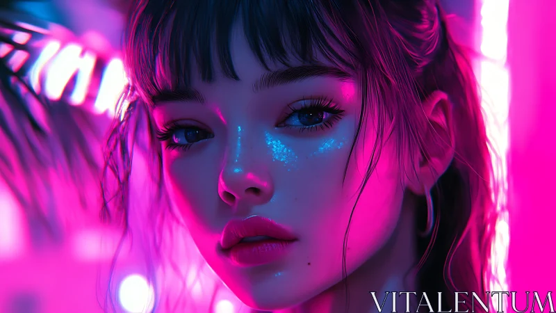 Neon siren gazes through electric twilight glowstorm.