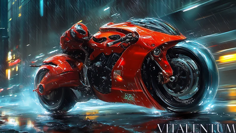 Futuristic red motorcycle traverses wet neon lit city street