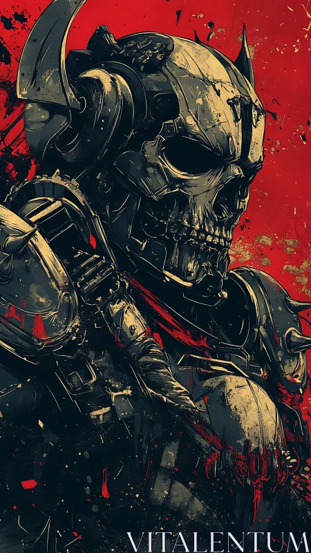 War-scarred cybernetic skull knight amid crimson chaos.