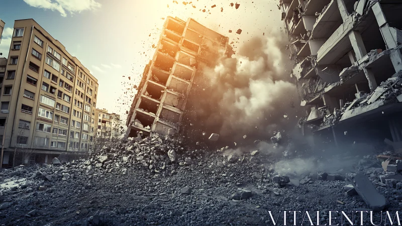 Urban tower crumples into light and dust-swept ruin.