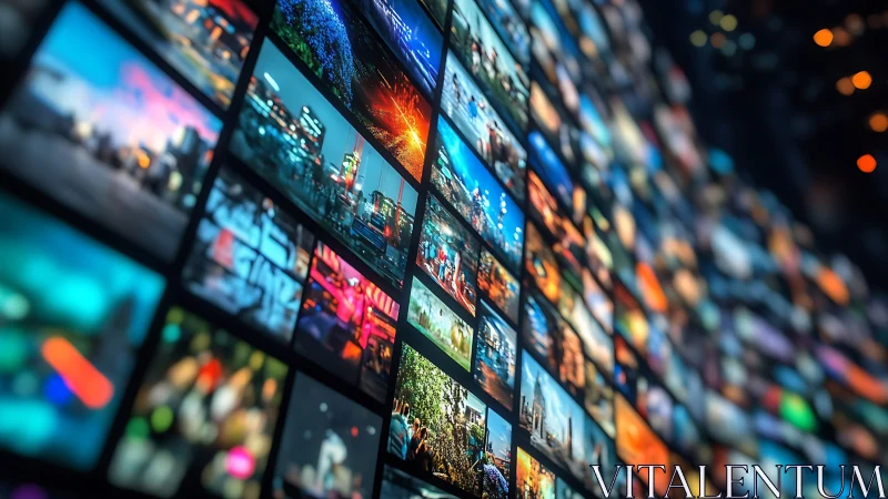 Curved digital video wall displays dense grid of colorful thumbnails