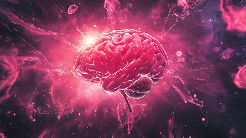 Luminous pink human brain suspended in abstract energy field.