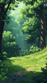 Sunlit forest clearing with vibrant green canopy and winding stone path.