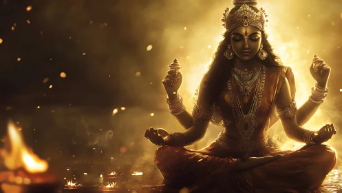 Four-armed seated figure is centered in directional warm light