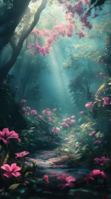 Digital painting of ethereal floral forest path with shafts of light.