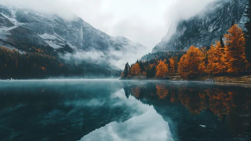 Mist-draped alpine lake cradling firebright autumn forest.
