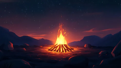 Towering Campfire Burns Under Starlit Desert Sky.