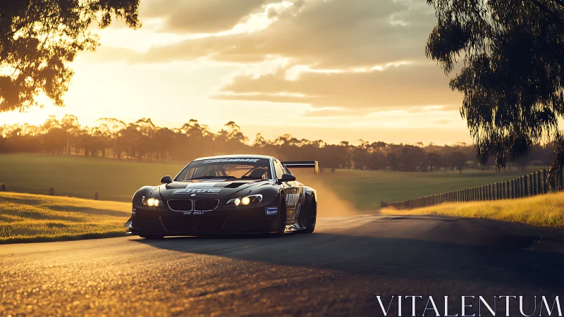 Photorealistic GT race car at golden hour on rural circuit.