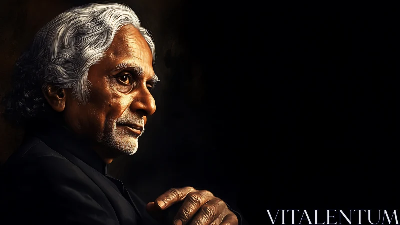 Elderly man in profile against deep black background.