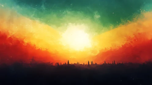 Sun disk illuminates distant city silhouette beneath clouds