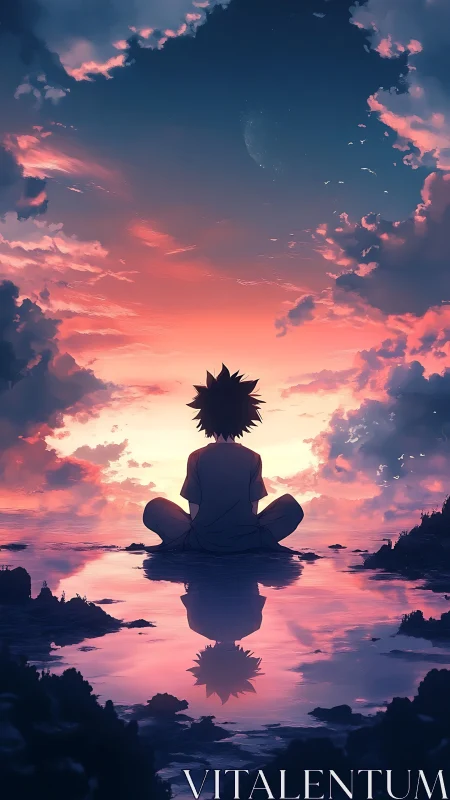 Sky-lake dreamer resting between dusk clouds and stars.