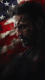 Scarred soldier’s profile before distressed US flag backdrop.