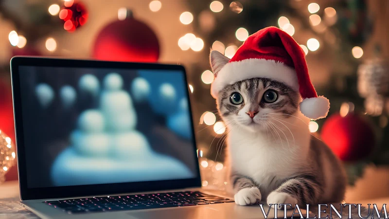 Striped kitten in Santa hat beside laptop on desk.
