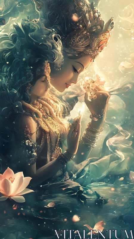 Divine feminine figure with lotus flowers in ethereal light.