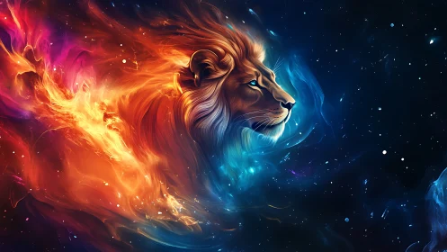 Cosmic lion carves a path between blazing fire and cool void