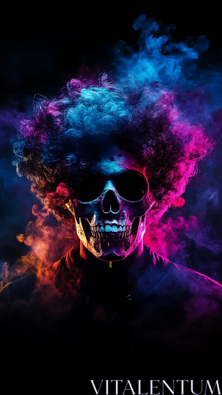 Neon smoke skull portrait with vapor-lit afro silhouette.