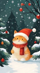 Cozy Christmas cat smiles warmly in a snowy forest scene
