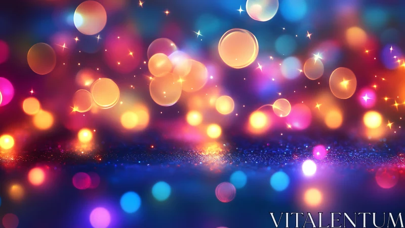 Colorful bokeh light orbs float over dark gradient background