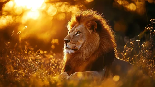 Male lion lying in tall grass under warm sunset light.