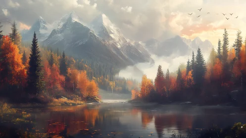 Autumn alpine lake reflects misty snowcapped mountain range
