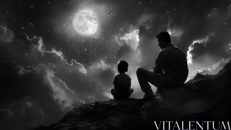 Monochrome father and child silhouette under luminous full moon.