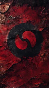 Emblematic red swirl rests on cracked textured wall surface.