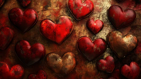 Crimson Hearts on Distressed Gold Surface.
