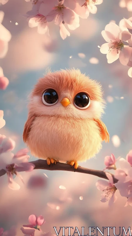 Downy-eyed spring owl perched in drifting blossom daydream.
