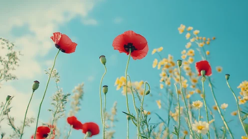 Low-angle botanical composition with red poppies and yellow wildflowers