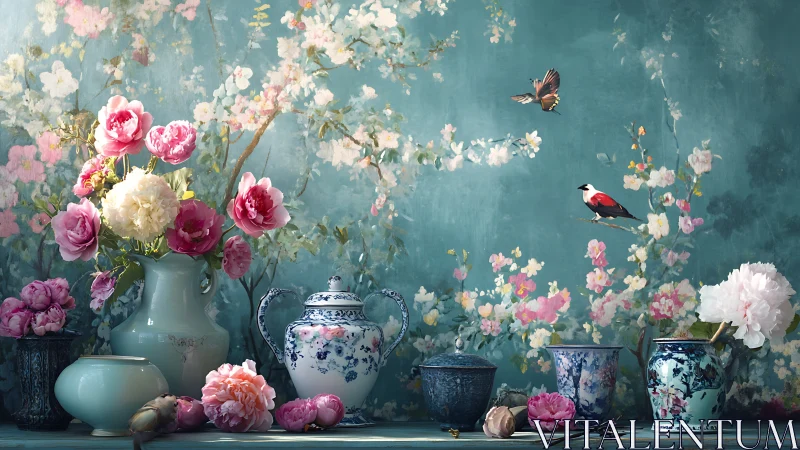 Floral Still Life with Porcelain and Bird.