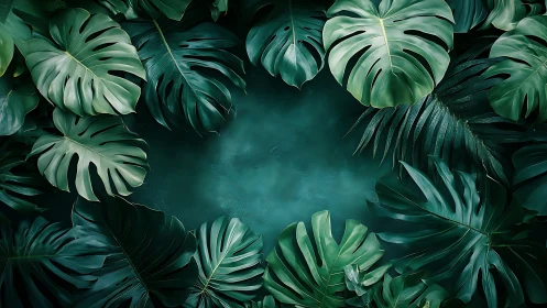 Tropical monstera leaves framing deep teal background.
