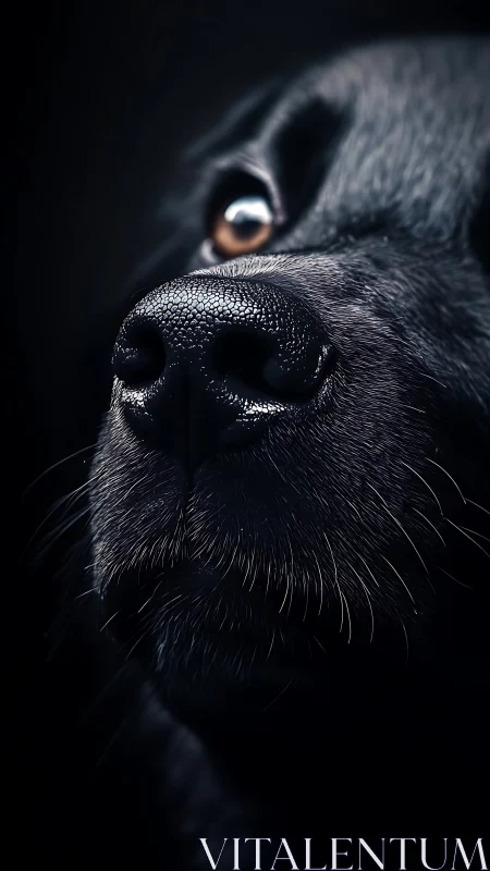 Midnight dog portrait with shining whiskers and wet nose.