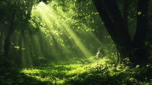 Sunlight Streams Through Lush Green Forest in Serene Morning Light.