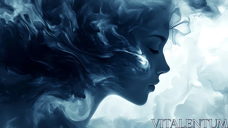 Profile of a female face emerging from abstract blue smoke.