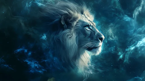 Celestial lion profile glows within swirling teal nebula