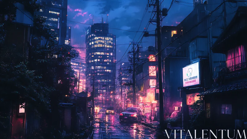 Urban street scene shows wet roadway and illuminated towers