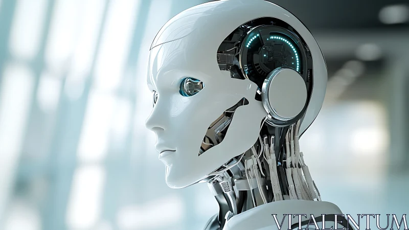 Gentle chrome android gazes ahead in soft futuristic glow.