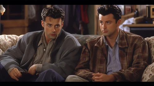 Two thoughtful friends sharing a quiet, cozy couch moment.